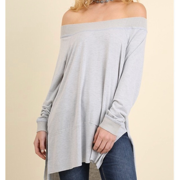 Umgee Off the Shoulder Tunic Womens SMALL Long Sleeve High Low Hem Shirt Gray - Picture 2 of 7